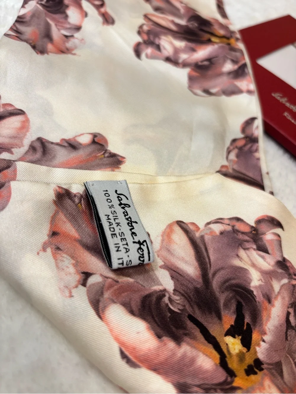 Salvatore Ferragamo Cream Silk Scarf with Pink and Brown Floral Print